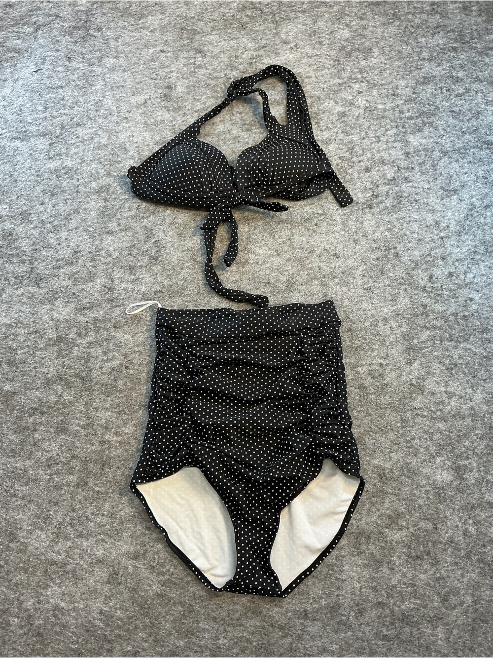 Unique Vintage Black Polka Dot High-Waist Two-Piece Swim Pin-Up Style Size M
